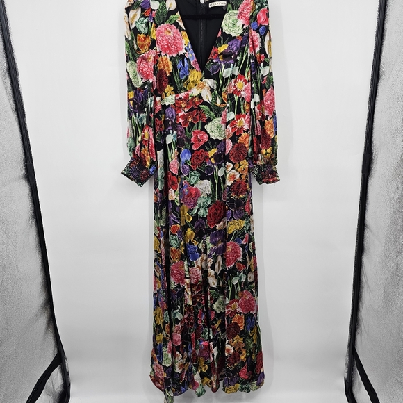 Alice + Olivia Floral Maxi Dress Size 8 | Silk Blend Plunge Gown Puff Sleeves - Picture 6 of 11